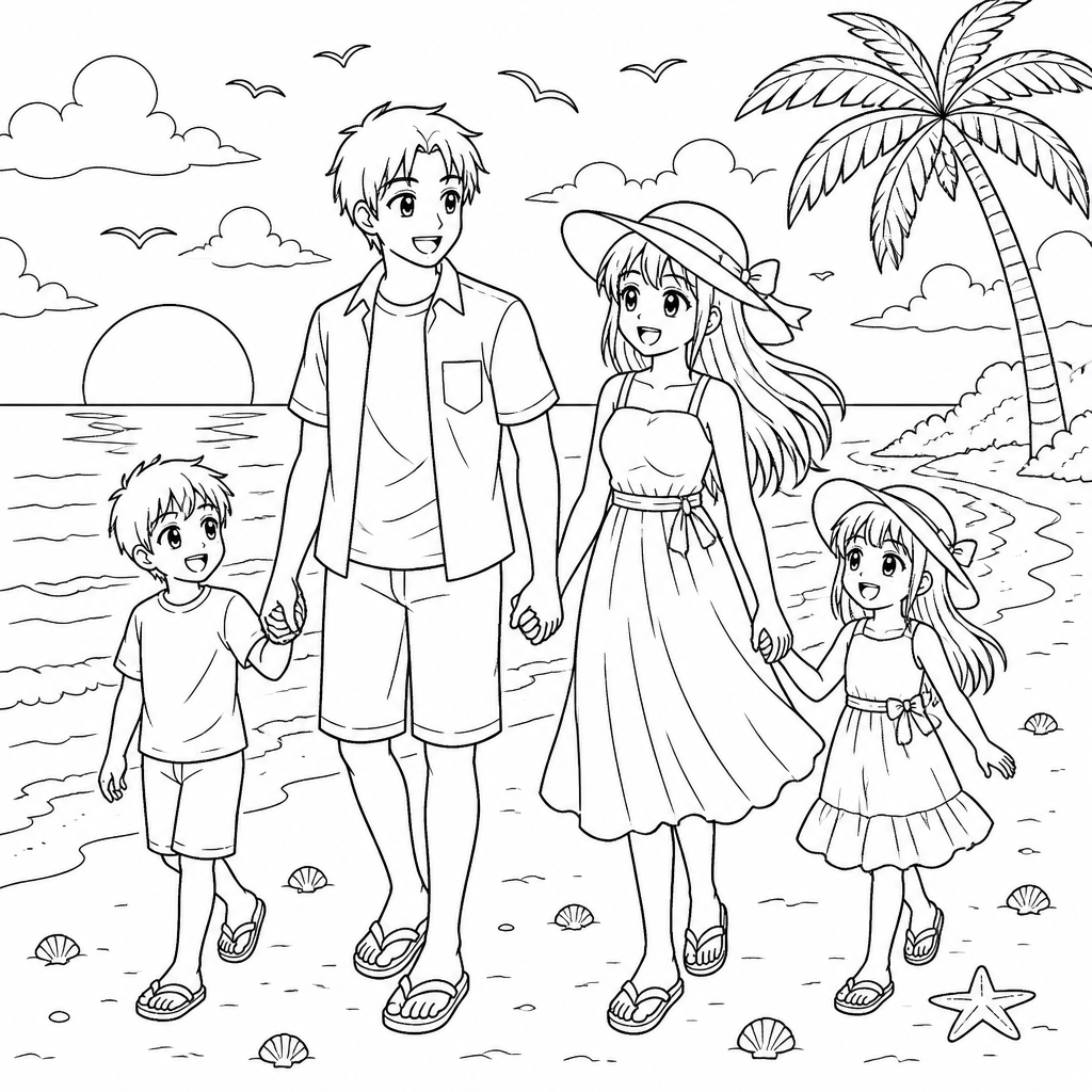 Family Beach Day coloring page
