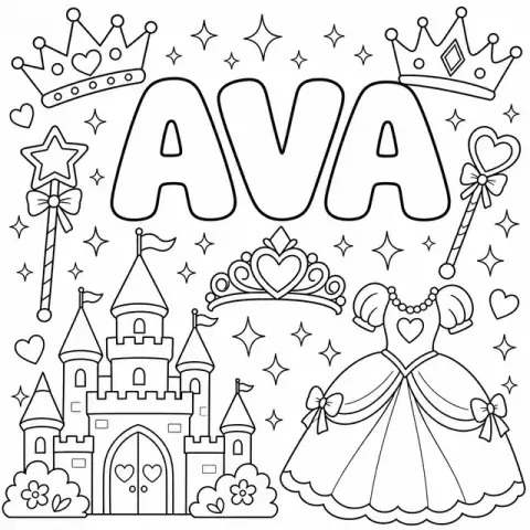 Ava name coloring page in Princess theme