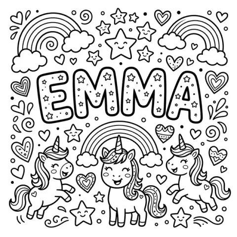 Emma name coloring page in Unicorns theme