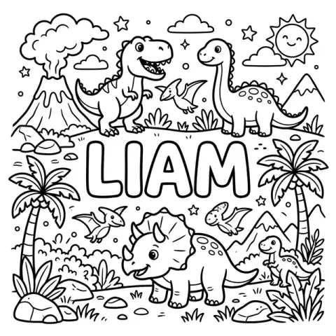 Liam name coloring page in Dinosaurs theme