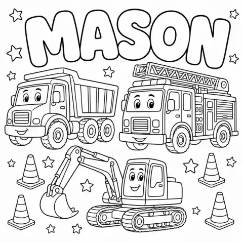 Mason name coloring page in Trucks theme