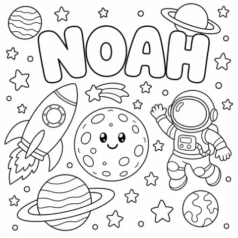 Noah name coloring page in Space theme