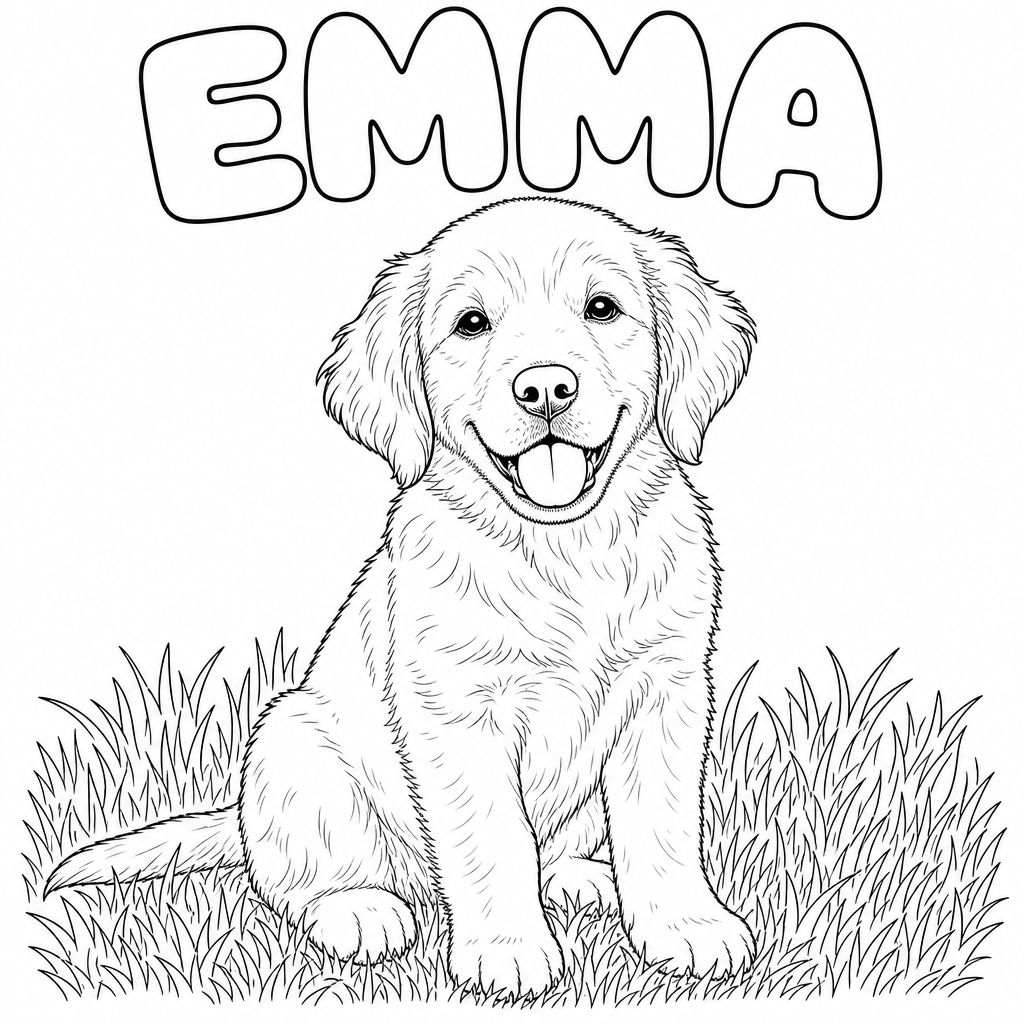 Coloring page of a puppy with the name Emma added in bubble letters