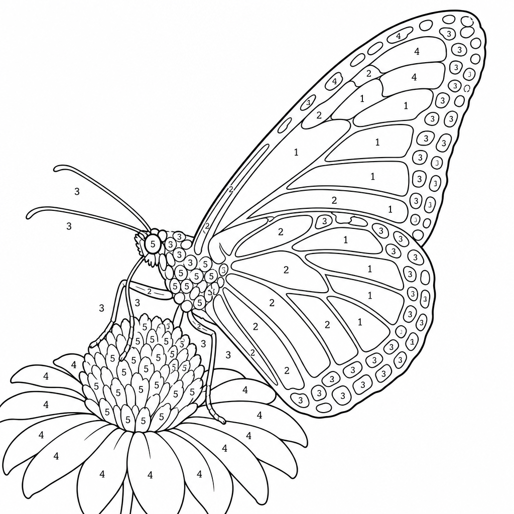 Color-by-number coloring page of a butterfly