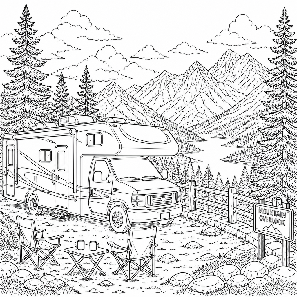 RV in the Mountains coloring page