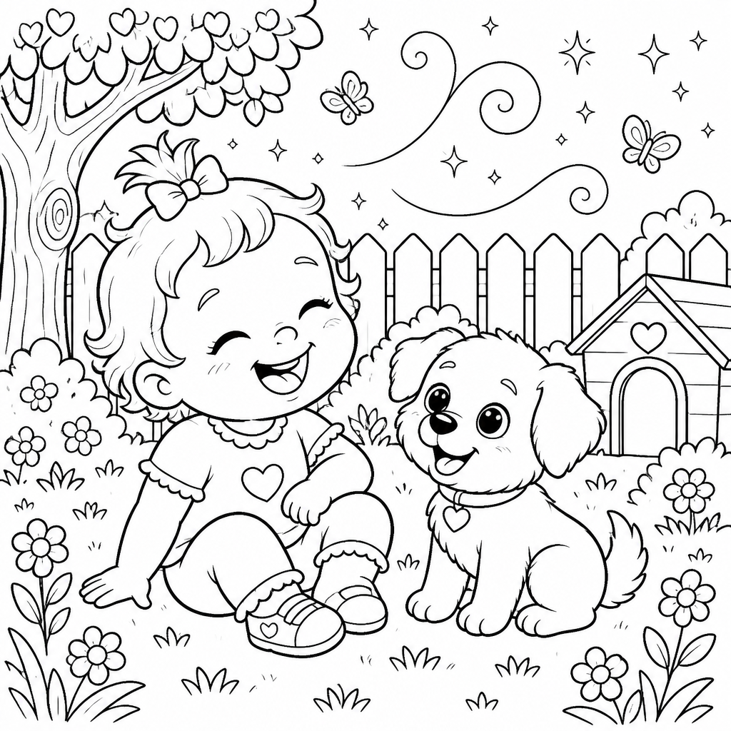 Toddler & Puppy coloring page